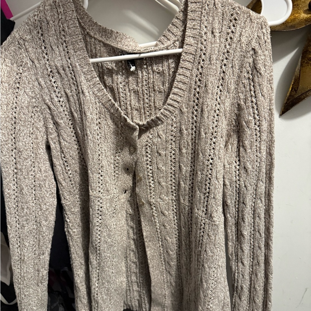 Apt. 9 Neutral Taupe V‑Neck Cable Knit Button‑Front Cardigan